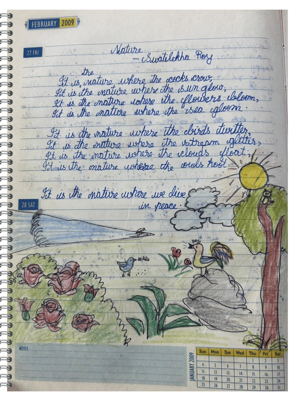 A spiral-bound diary page from February 2009 featuring a handwritten poem titled 'Nature' by Swatilekha Roy. The cursive text describes various elements of natural landscapes and animals. The bottom half of the page is filled with a colorful colored-pencil illustration depicting a sun, a tree with an owl, a crowing rooster on a rock, flowers, and a flowing stream, matching the imagery of the poem.