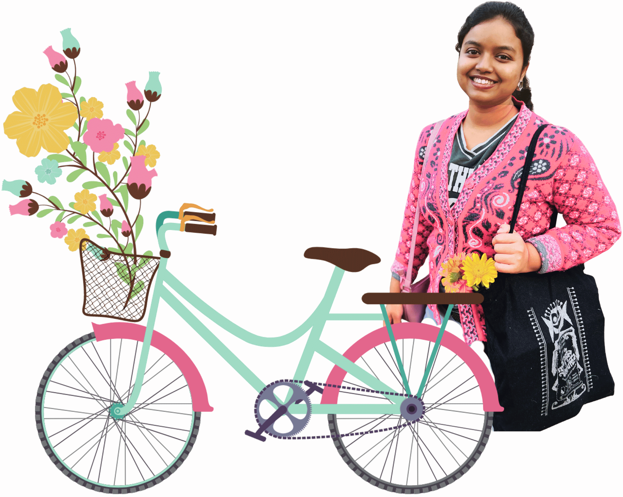 A smiling woman stands next to a teal and pink illustrated bicycle on a white background. She is wearing a red patterned cardigan over a dark shirt and carrying a black tote bag with two yellow flowers tucked into its strap. The bicycle's front basket is filled with colorful, stylized floral illustrations.