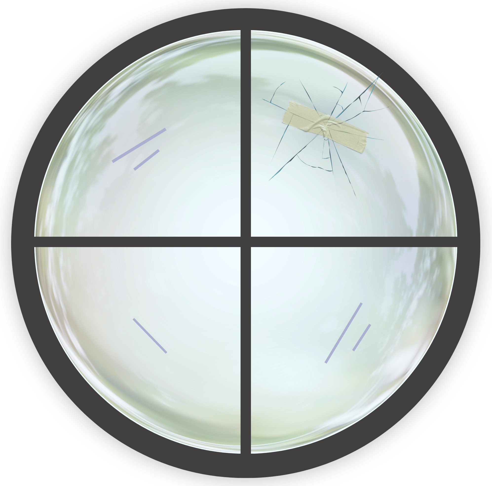 A circular, window-like graphic divided into four quadrants by a dark crosshair border, set against a black background. The glass surface reflects a pale, cloudy sky and features faint purple accent lines in the top-left and bottom-right quadrants, with a prominent crack in the top-right quadrant held together by a piece of translucent tape.